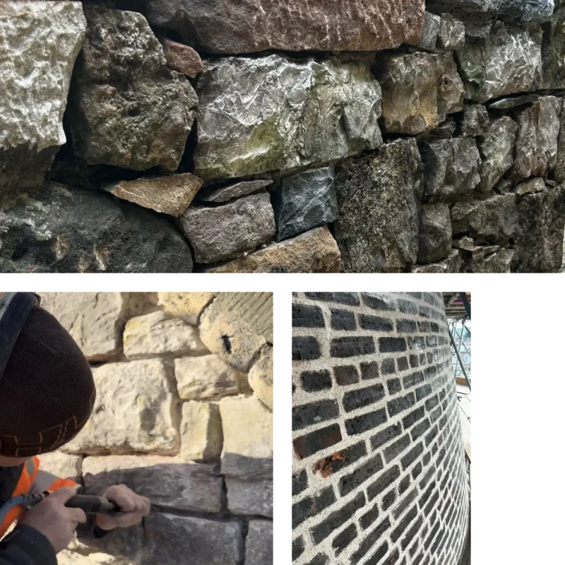 Traditional stonework including dry stone wall and historic brick cone building